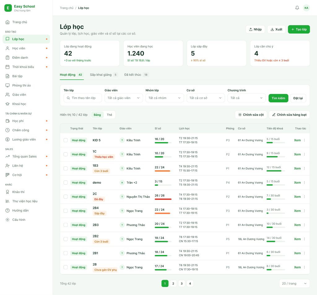 Danh sách lớp học trên Easy School