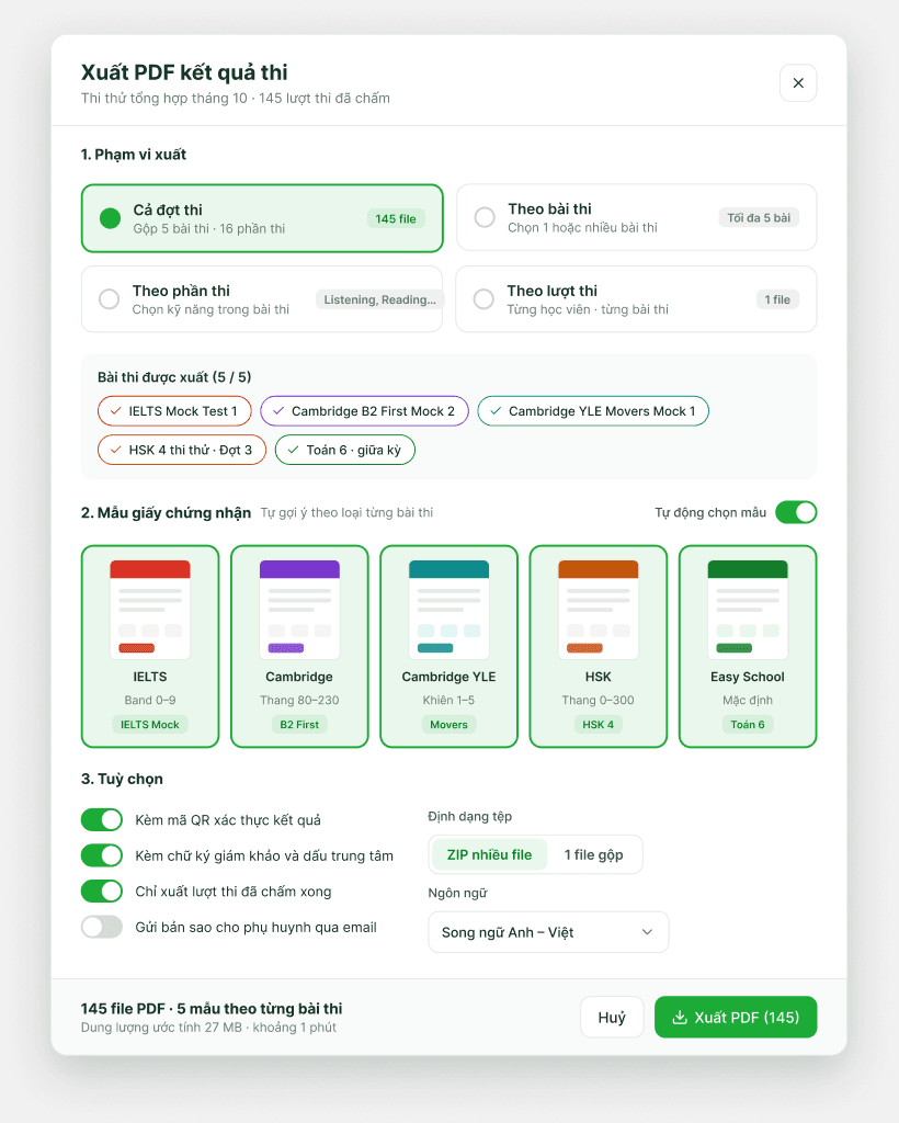 Xuất PDF kết quả thi trên Easy School