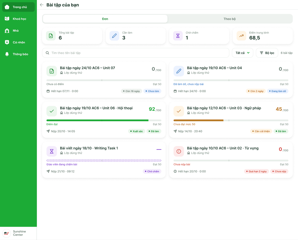 Màn hình Bài tập của bạn trên Easy Class