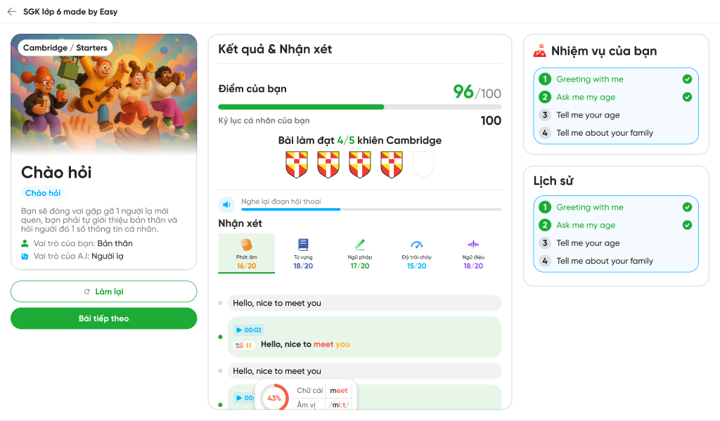 Kết quả chấm Speaking A.I trên Easy Class